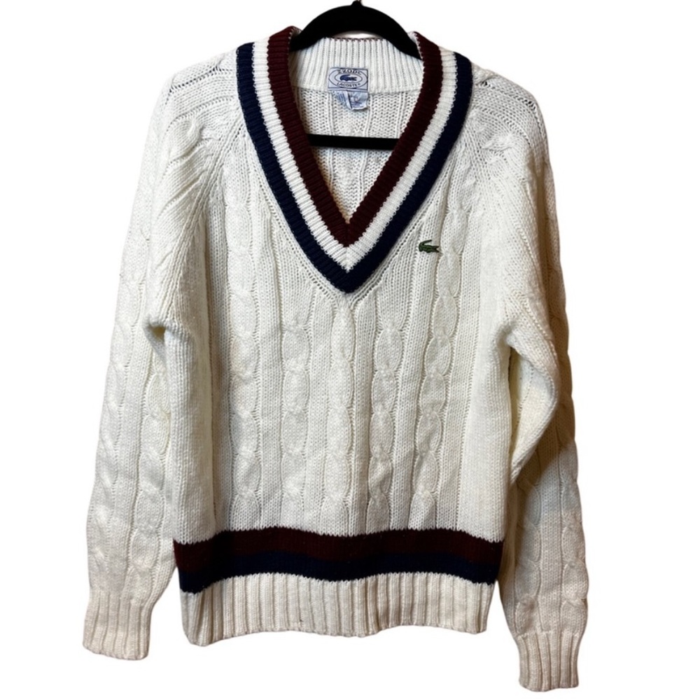 1980s Vintage Izod White Cable Knit Sweater - Size L